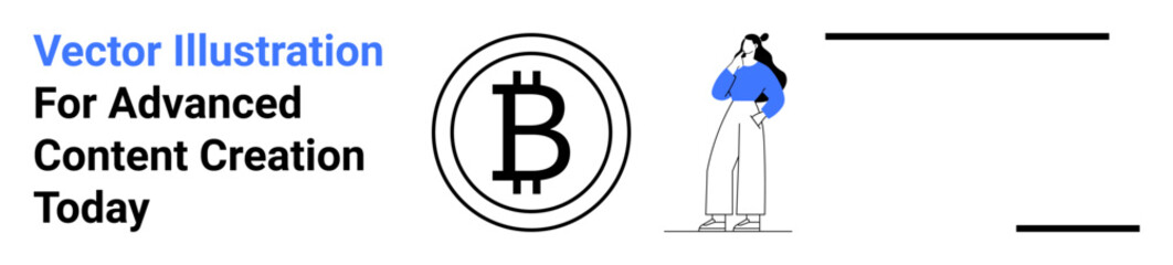 Obraz premium Woman in casual outfit pondering next to Bitcoin logo, surrounded by modern graphic lines. Ideal for cryptocurrency, blockchain, finance, technology, innovation, branding, flat landing page banner