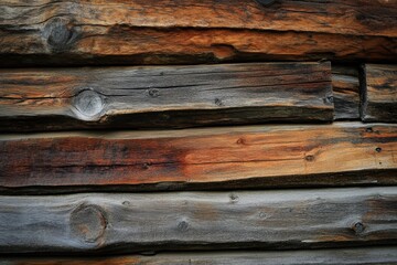 Obraz premium Weathered wooden planks showcase a rich texture and diverse hues, blending browns and grays with a rustic charm. Ideal for backgrounds or themes related to nature, craftsmanship, and home design.