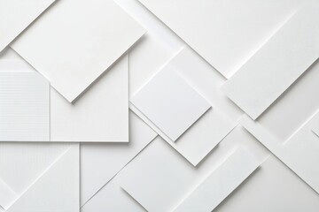 An arrangement of various sheets of white paper, showcasing different textures and finishes. The composition highlights an artistic and minimalist aesthetic, ideal for backgrounds or design projects.