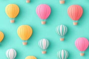 Pastel hot air balloons seamless pattern against a cyan backdrop