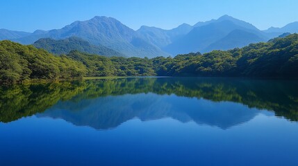 Serene Mountain Lake Landscape with Reflections and Clear Blue Sky on a Sunny Day