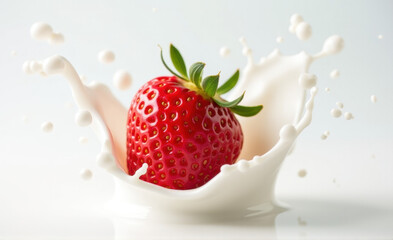 strawberry falling into milk