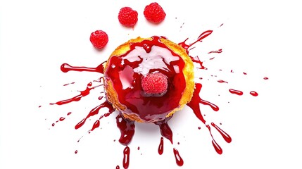 Raspberry cake with spreading sauce isolated on a white background.