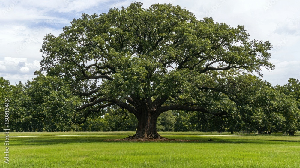 Poster a massive oak tree with sprawling branches in the middle of a grassy meadow.