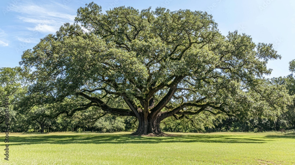 Poster a massive oak tree with sprawling branches in the middle of a grassy meadow.