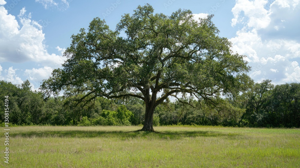 Poster a massive oak tree with sprawling branches in the middle of a grassy meadow.
