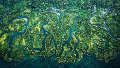 Aerial View of a Lush Green River Delta