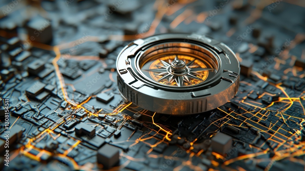 Poster a metallic 3d compass with reflective surfaces, placed on a digital map.