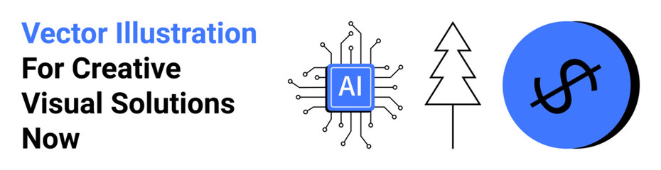 AI chip with circuitry, tree outline representing nature, and blue circle with dollar sign symbolizing finance. Ideal for tech innovation, sustainability, AI design, finances, branding, data flat