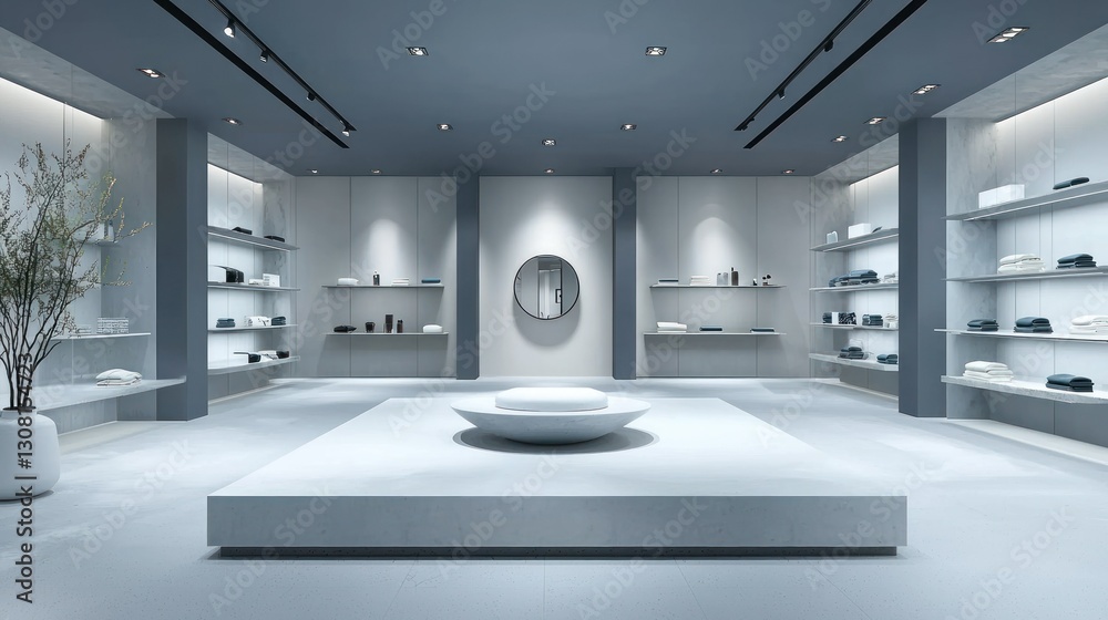Poster A minimalist 3D showroom background with clean walls and a central platform for product display.