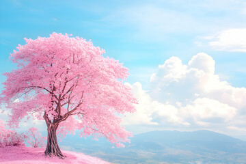 Pink Tree Mountain Sky Clouds