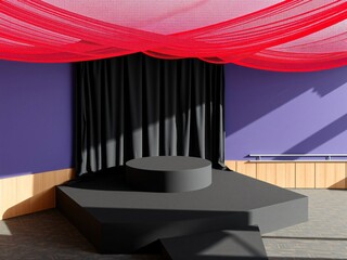 Modern Minimalist Stage with Red Drape and Black Curtains - Product Display Platform