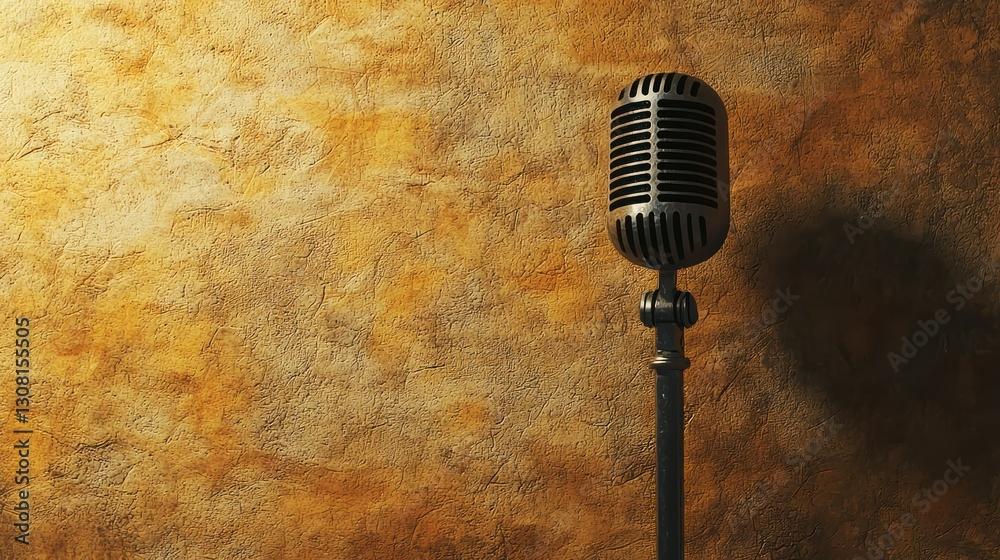 Poster a minimalist podcast background with a textured surface and a microphone shadow