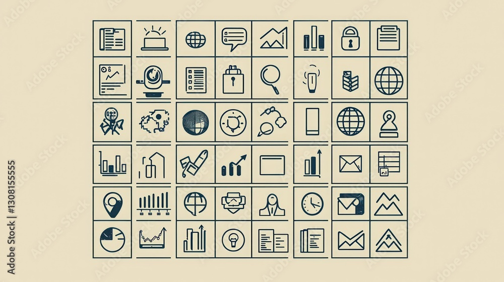Poster A minimalist set of thin-line business icons arranged in a grid on a light background for a clean look.