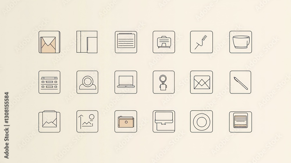 Poster A minimalist set of thin-line business icons arranged in a grid on a light background for a clean look.