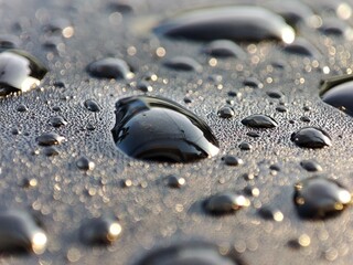 Raindrops glisten on a textured, dark surface. Subtle light reflects off the drops, highlighting the surface's grainy texture between them.