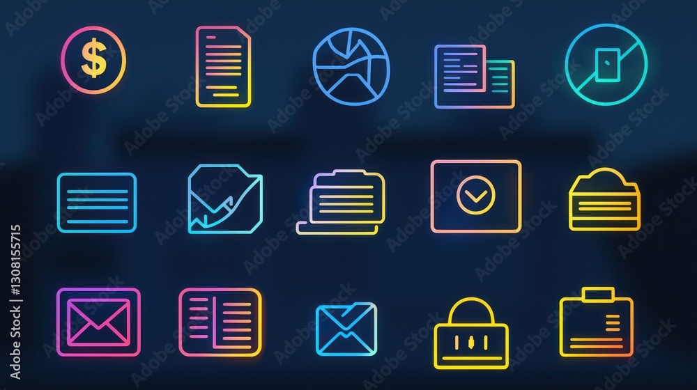 Poster a minimalist stroke-based icon set with uniform thickness, highlighting finance and communication th