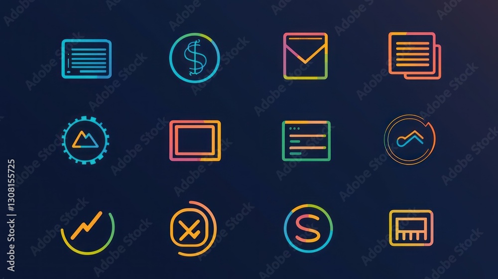 Poster a minimalist stroke-based icon set with uniform thickness, highlighting finance and communication th