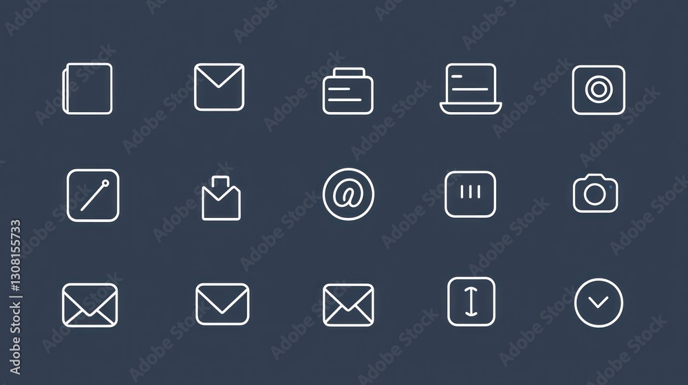 Poster A minimalist stroke-based icon set with uniform thickness, highlighting finance and communication themes.