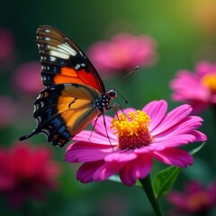 Naklejka premium Close-up of colorful butterfly feeding on a vibrant flower in a garden, pollination, insect