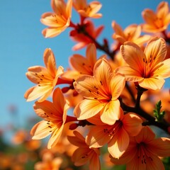 Fototapeta premium Close-up of vibrant orange blossoms against blue sky, floral, spring