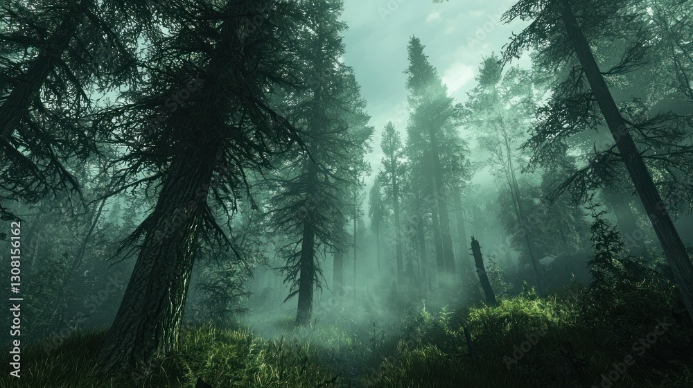 Poster A misty forest scene with tall trees and soft fog creating a mystical ambiance.
