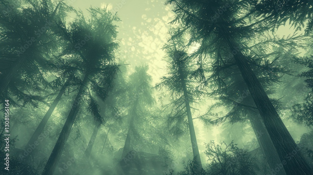 Poster A misty forest scene with tall trees and soft fog creating a mystical ambiance.