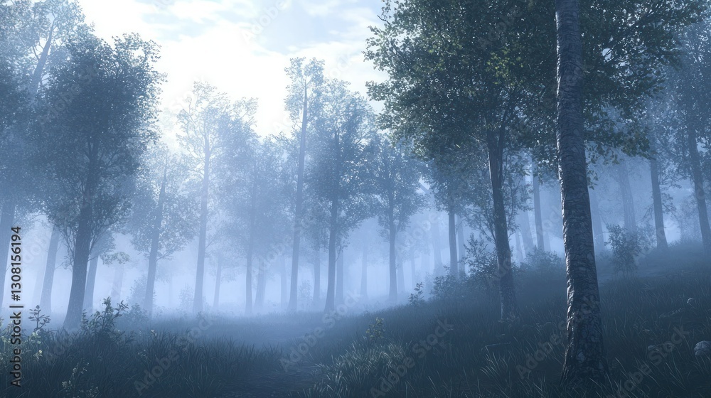 Poster A misty forest scene with tall trees and soft fog creating a mystical ambiance.