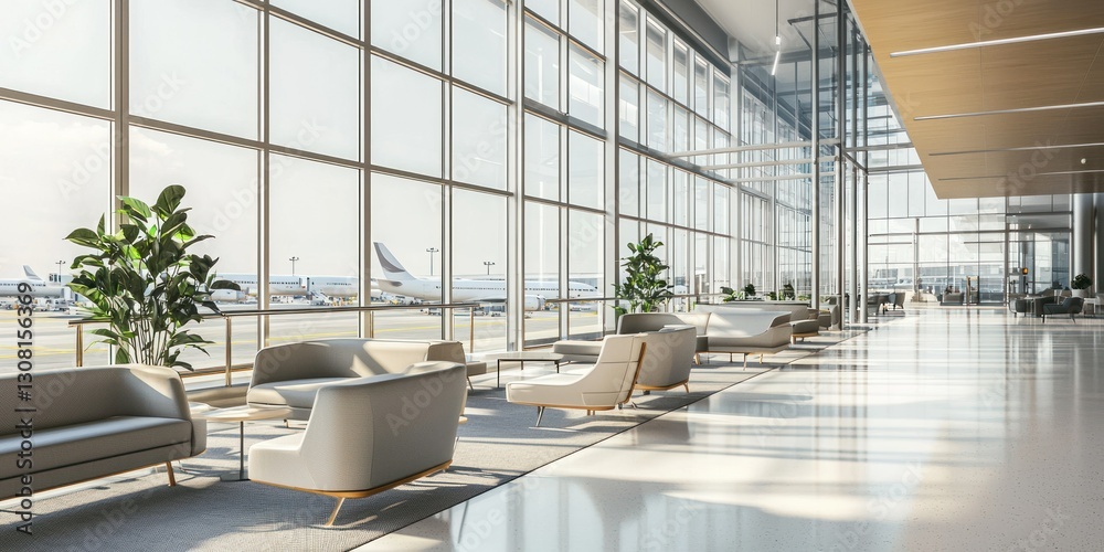 Poster a modern 3d-rendered airport lounge with comfortable seating and large glass windows.