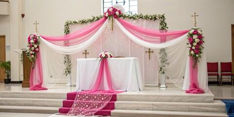 Pink & White Wedding Altar, Panoramic Veil Photography, Romantic Ceremony Backdrop