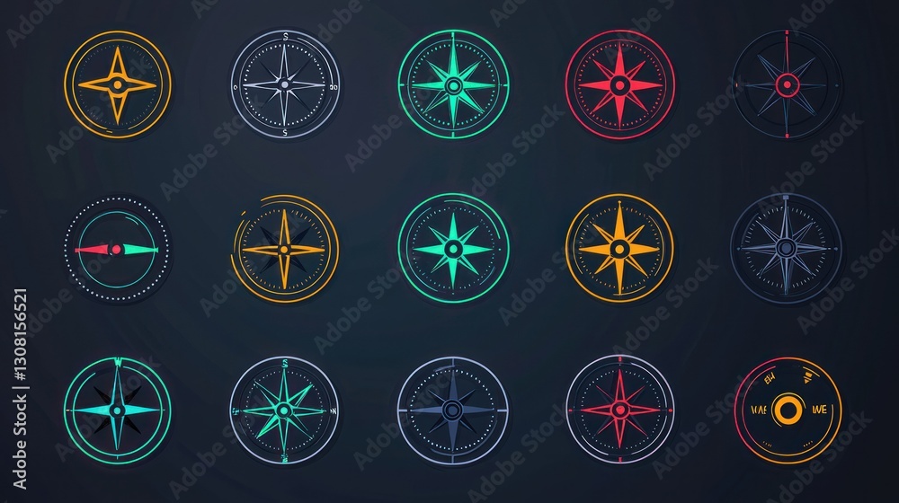 Poster A modern collection of minimalist compass icons with editable vector strokes.