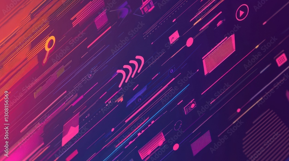 Poster A modern design featuring podcast icons scattered across a dynamic backdrop of diagonal lines
