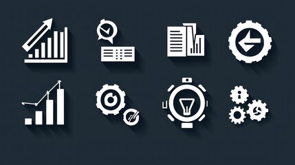 A modern icon set in solid white, featuring teamwork, data analysis, and growth symbols.