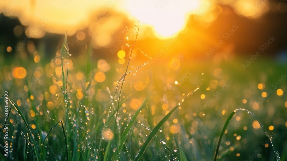 Aufkleber morning sunlight filters through dewdrops on vibrant grass in a serene outdoor setting at sunrise ge