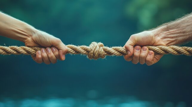 Two people pulling on opposite ends of a rope in a tug-of-war Representing struggle, disagreement, or power struggles.