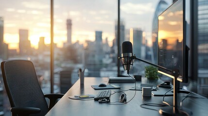 A modern office with a professional hosting a podcast from a desk, with a blurred skyline in the background.
