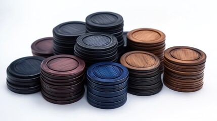 Stacks of poker chips isolated on a crisp white background.
