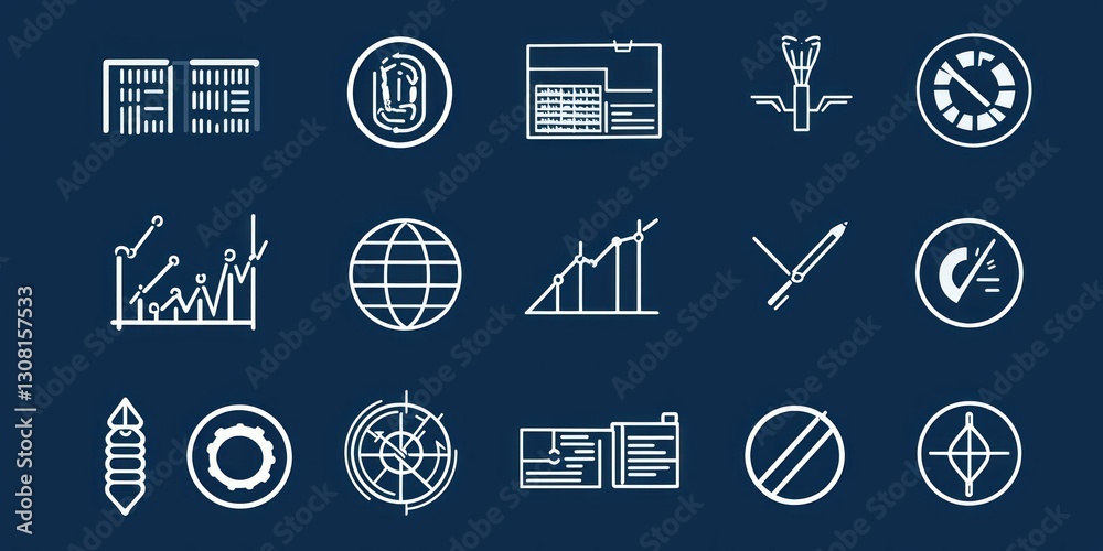 Poster A modern set of editable business icons with dashed strokes, designed for flexible use in various formats.