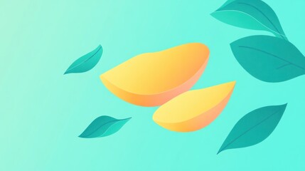 Juicy mango slices, teal background, floating leaves, healthy food banner