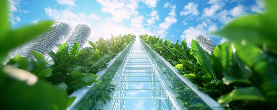 Glass Elevator Surrounded by Lush Green Plants and Blue Sky