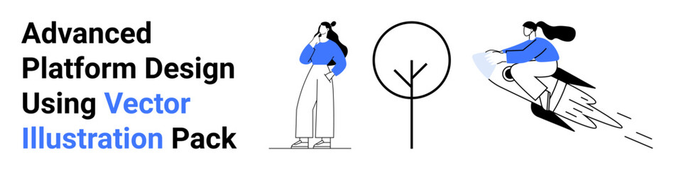 Woman thinking by tree, another riding futuristic platform with dynamic motion. Ideal for creativity, technology, innovation, future, nature, concepts business. Perfect for flat landing page banner