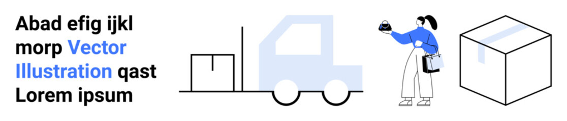 Worker holding package, truck carrying box, and single package illustrate smooth delivery process. Ideal for shipping, logistics solutions, e-commerce, supply chain, courier service, packaging flat