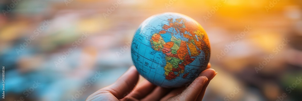 Poster Holding a small globe while enjoying a sunset in a tranquil outdoor setting with vibrant colors in the background Generative AI