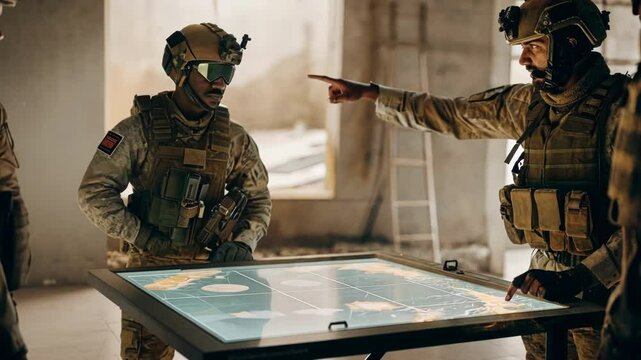 Two spets reviewing a floating holographic presentation adjusting variables with fluid gestures while a third team member takes notes fully engaged in the collaboration process.