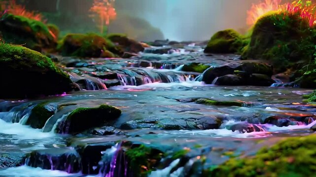 breathtaking high definition video animation water flowing rocks enhanced colorful lighting effects hyper realistic AI natural textures 4K