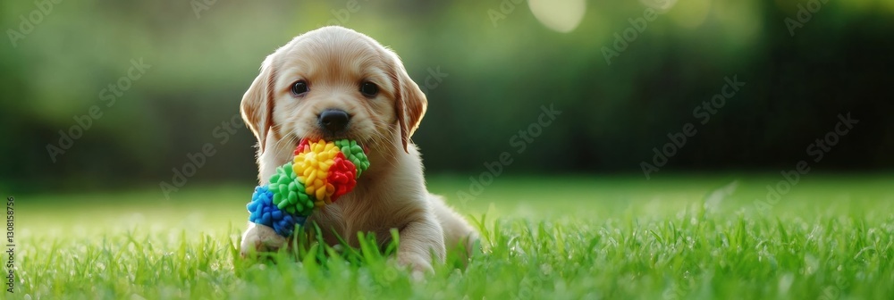 Poster Playful puppy enjoying a colorful chew toy in lush green grass under natural light Generative AI
