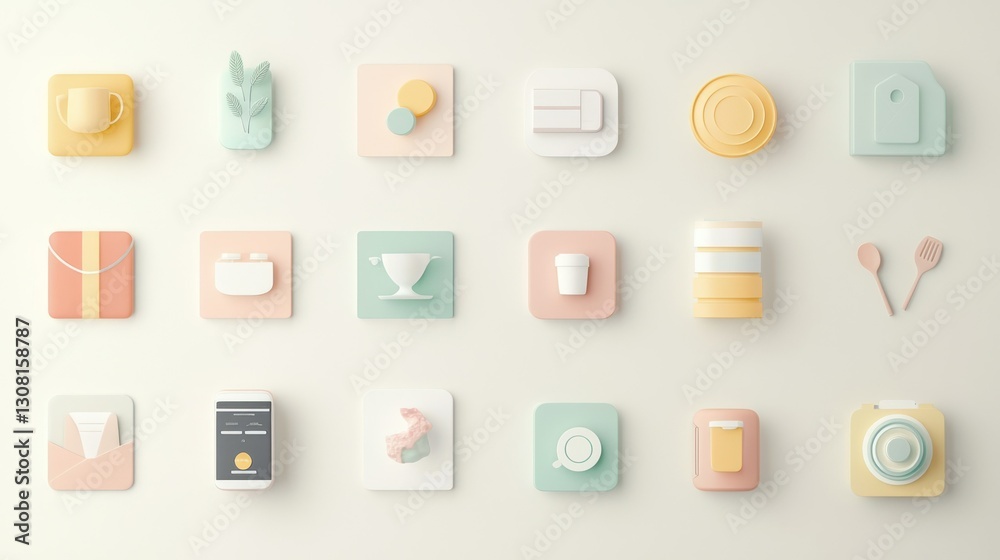 Poster a muted pastel-colored icon collection, creating a soft and approachable business theme