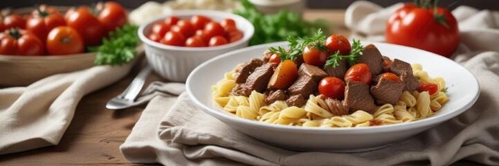 Hearty beef stew in a white bowl with al dente pasta and juicy tomatoes atop a bed of fresh parsley, pasta, home cooking, satisfying meal