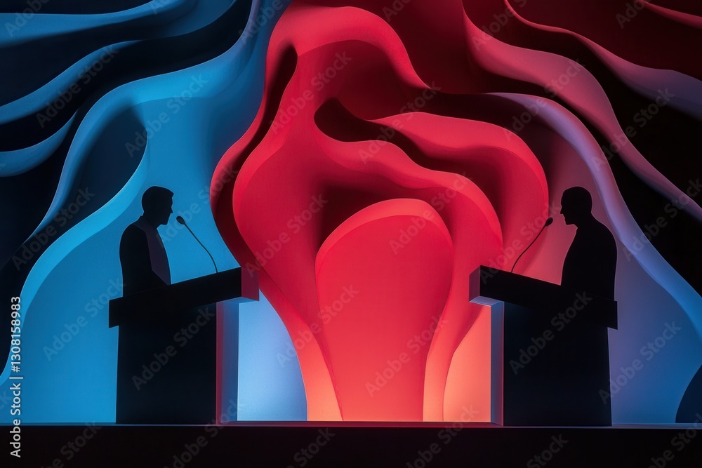 Poster Engaging political debate with bold paper art background and dynamic silhouettes of two figures at podiums Generative AI