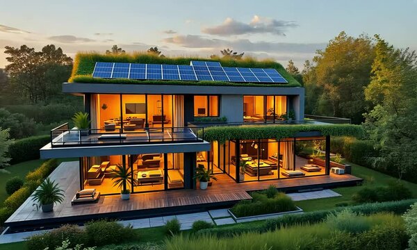 Rumah Modern Mewah dengan Panel Surya dan Atap Hijau saat Matahari Terbenam